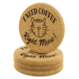 I Need Coffee Right Meow 4pc Set of Cork Coasters, Cat Design