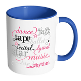 DANCE TYPOGRAPHY WORDS Color Accent Coffee Mug Choice of Accent color - J & S Graphics