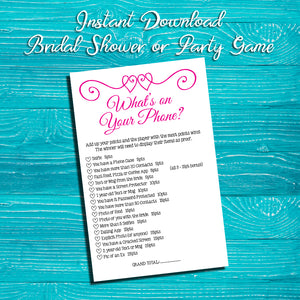 WHAT'S ON YOUR PHONE Shower GAME, Instant Download, Bridal / Wedding Shower Game, Home Parties - J & S Graphics