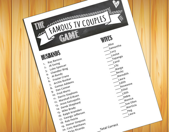 TV COUPLES Shower GAME, Instant Download - Bridal / Wedding Shower Game - Bachelorette Party Game - Party Game - Faux Chalkboard Design - J & S Graphics