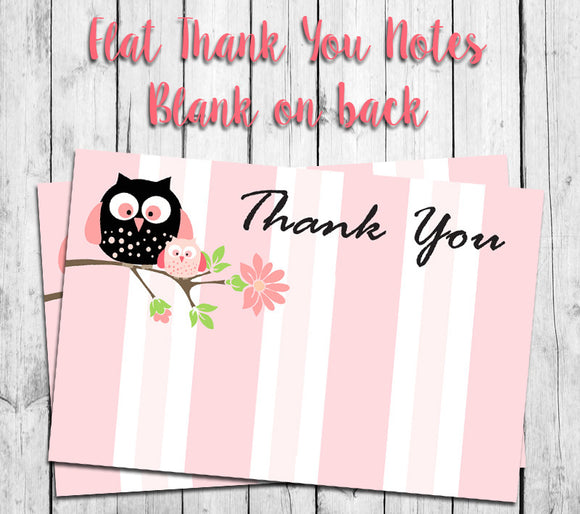 Pink Stripes with OWL THANK YOU Note CARDS, Digital Printable, Instant Download - J & S Graphics