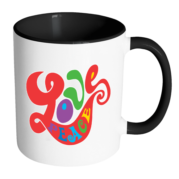 RETRO LOVE and PEACE Design Color Accent Coffee Mug - Choice of Accent color - J & S Graphics