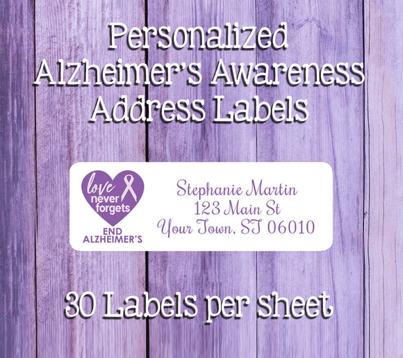 Personalized ALZHEIMER'S Awareness Ribbon Address Labels, Return Address Labels, Love Never Forgets