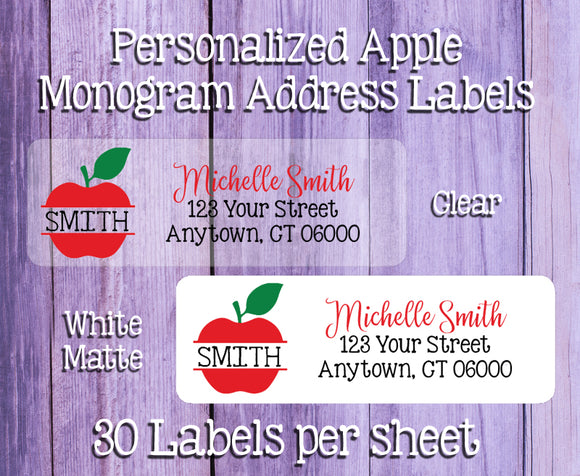 APPLE MONOGRAM Return Address Labels, White, or Clear Labels, Teacher, Family, Personalized - J & S Graphics