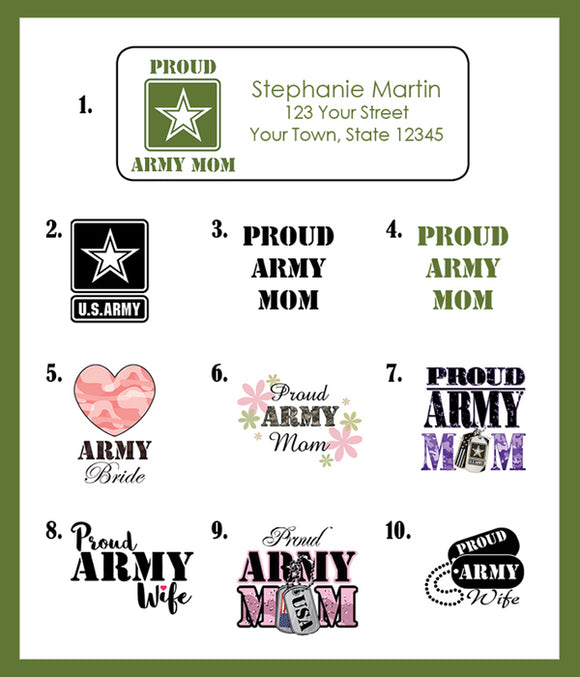 ARMY MOM, ARMY BRIDE or ARMY WIFE Address LABELS, Personalized - J & S Graphics