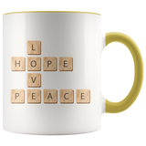 PEACE LOVE HOPE Scrabble Pieces 11oz Color Accent COFFEE MUG