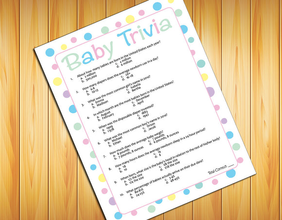 BABY TRIVIA Baby Shower GAME, Instant Download Digital File, Polka Dot Design - J & S Graphics