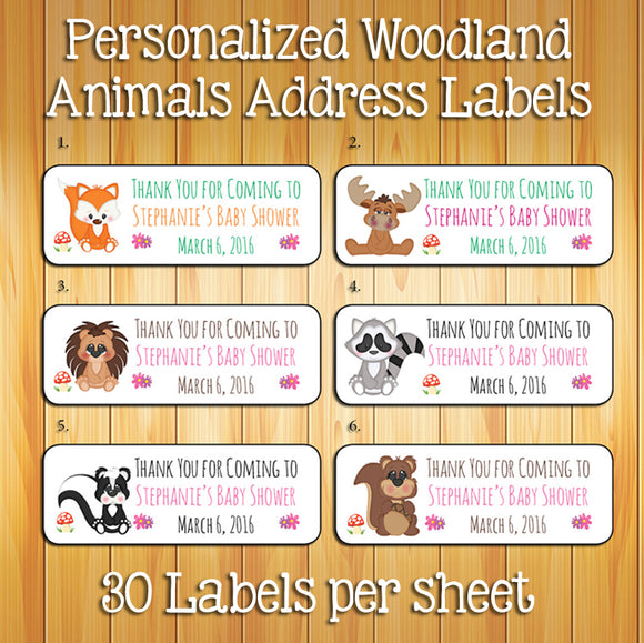 Baby Woodland Animals LABELS, 30 BABY SHOWER Favor Labels, Personalized - J & S Graphics