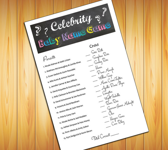 Famous Baby Name Baby Shower GAME, Instant Download Digital File, Celebrity Babies - J & S Graphics