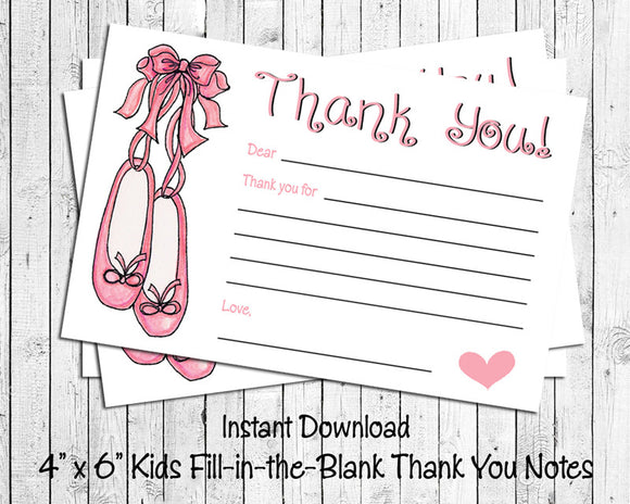 Children's THANK YOU Note CARDS, Digital Printable, Kids Printable Fill in the Blank, Ballet Slippers - J & S Graphics