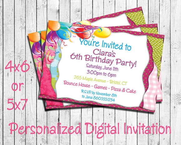 Printable Balloon Theme Personalized Birthday Party Invitation - DIGITAL FILE - J & S Graphics
