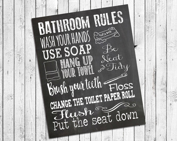 Instant Download BATHROOM RULES 8x10 Poster Choice of 8 Colors - J & S Graphics