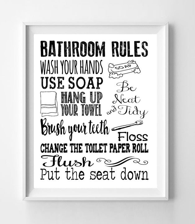 BATHROOM RULES 8x10 Typography Art Print, Choice of 8 Colors