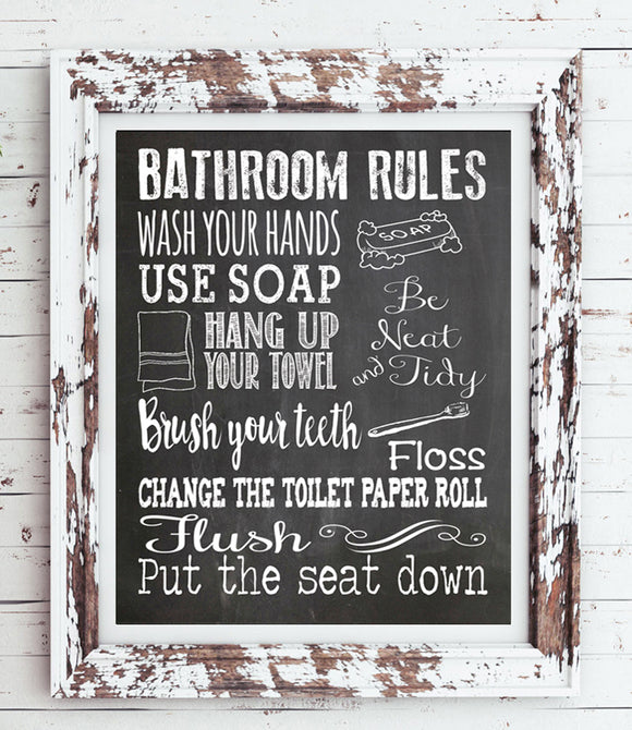 BATHROOM RULES 8x10 Typography Art Print, Choice of 8 Colors - J & S Graphics