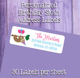 BIRTHDAY SLOTH Address Labels and Matching Seals, Sets of 30, Personalized Labels