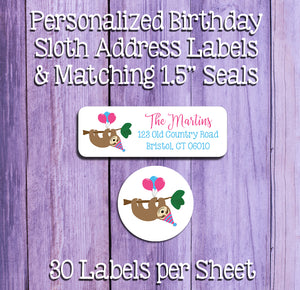 BIRTHDAY SLOTH Address Labels and Matching Seals, Sets of 30, Personalized Labels