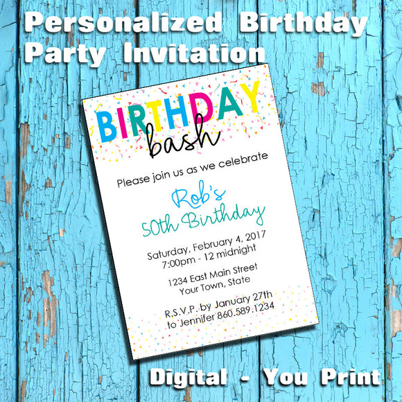 Printable Birthday Bash Personalized Party Invitation, Confetti - DIGITAL FILE - J & S Graphics