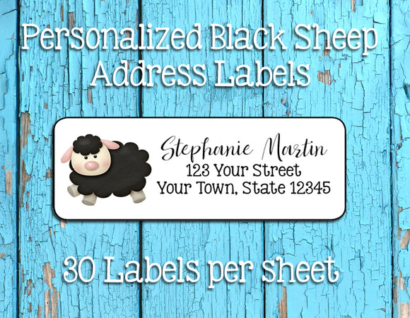 BLACK SHEEP Return Address Labels, Cute Fluffy Sheep, Personalized - J & S Graphics