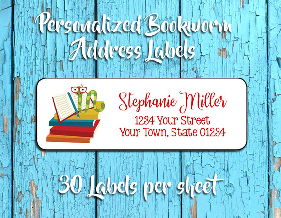 BOOKWORM Return Address Labels, or Book Labels, Personalized - J & S Graphics