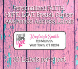 FAITH HOPE LOVE Return Address Labels Breast Cancer Awareness Ribbon White or Clear, Personalized - J & S Graphics