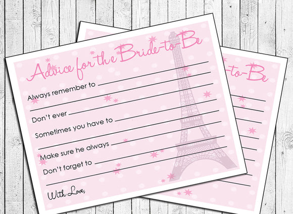 Advice Cards for Bride-to-Be, Instant Download - Bridal / Wedding Shower Fun - Pink or Paris Design - J & S Graphics