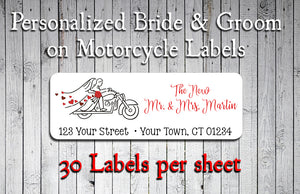 BRIDE & GROOM on Motorcycle Address Labels, Wedding, Newlyweds, Personalized - J & S Graphics