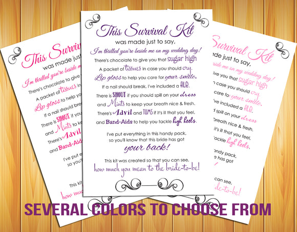 Bridesmaid SURVIVAL KIT Poem Printable INSTANT Download - Wedding - J & S Graphics