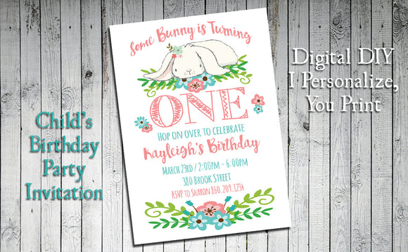 Printable Some Bunny Birthday Invitation, Girl's First Birthday - Personalized DIGITAL FILE - J & S Graphics