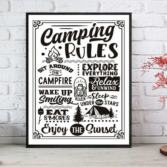 CAMPING RULES Faux Chalkboard or White Background Design Camper PRINT No Frame