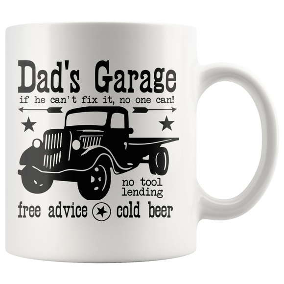 DAD'S GARAGE 11oz COFFEE MUG - If he can't fix it, no one can! - J & S Graphics
