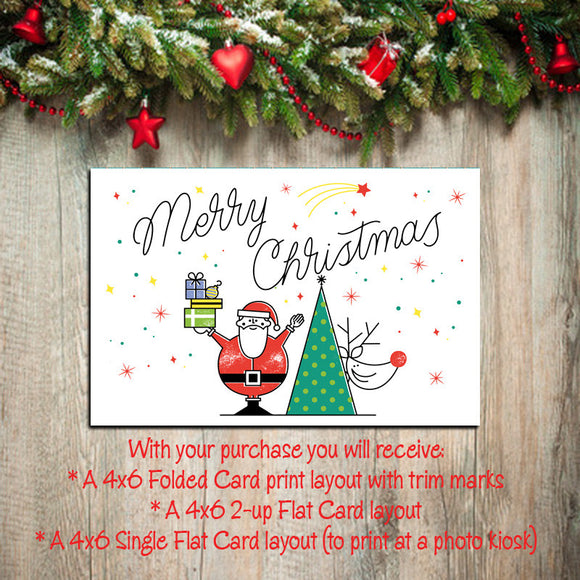 Digital Printable CHRISTMAS CARDS, DIY Instant Download, You Print, Santa & Reindeer - J & S Graphics