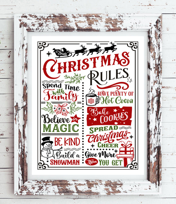 CHRISTMAS RULES 8x10 Typography Art Print, Choice of Faux Chalkboard or White Background