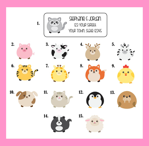 Personalized CHUBBY ANIMALS Address Labels, Cow, Dog, Chicken, Cat, Pig, and more