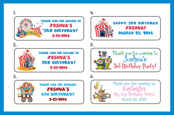 Personalized CIRCUS themed Birthday Party Labels for Mini Bubbles, Favors or Address Labels - J & S Graphics