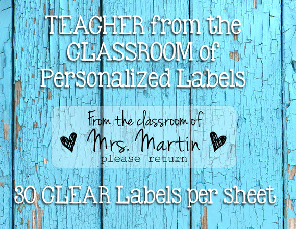 TEACHER from the CLASSROOM of Personalized CLEAR Labels, Heart, Book labels, Teacher Labels, Sets of 30 - J & S Graphics