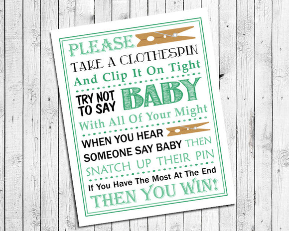 Mint Green Clothespin Game Printable for Baby Shower - Instant Download - Baby Shower Game - Baby Sprinkle Game - Party Game - Mint Green Design 8x10 - J & S Graphics