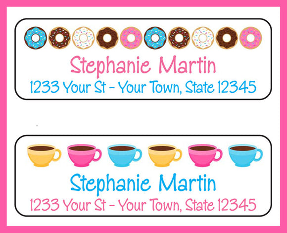 Personalized COFFEE and DONUTS Return Address LABELS, Donut - J & S Graphics