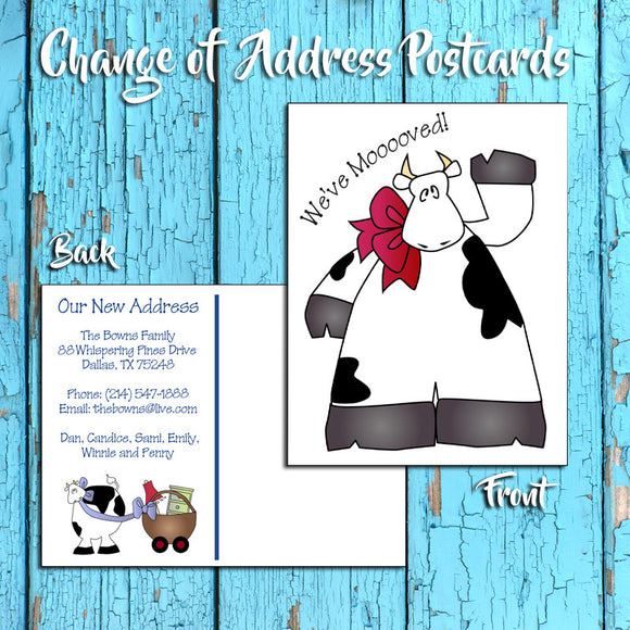 Personalized Change of Address Postcard - Cow Design - Printed Option - We've Moooooved! - J & S Graphics