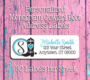 Personalized Monogram COWGIRL BOOT Address Labels, Return Address Labels, Southwest, Country Girl - J & S Graphics