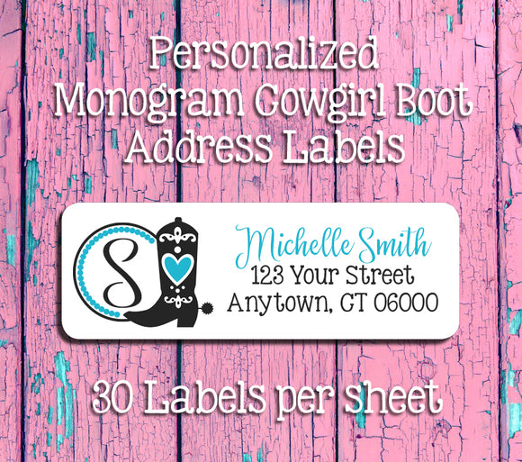 Personalized Monogram COWGIRL BOOT Address Labels, Return Address Labels, Southwest, Country Girl - J & S Graphics