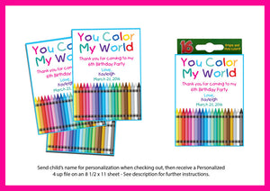 Birthday Party PRINTABLE PERSONALIZED Crayon Birthday Party Cards Girl or Boy Party Favor Labels - J & S Graphics