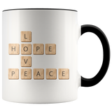 PEACE LOVE HOPE Scrabble Pieces 11oz Color Accent COFFEE MUG