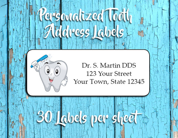 Personalized Smiling TOOTH with Toothbrush Design Return ADDRESS Labels for DENTIST - J & S Graphics