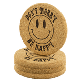 Don't Worry, Be Happy 4pc Set of Cork Coasters, Smiley Face