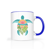 Tropical Flowers Sea Turtle 11oz Color Accent COFFEE MUG