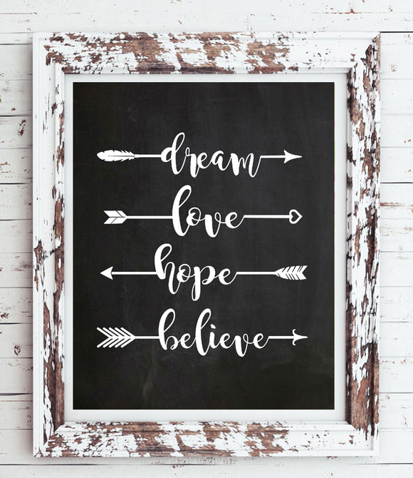 DREAM LOVE HOPE BELIEVE Quote Instant Download Digital Faux Chalkboard Design Typography Wall Decor - J & S Graphics