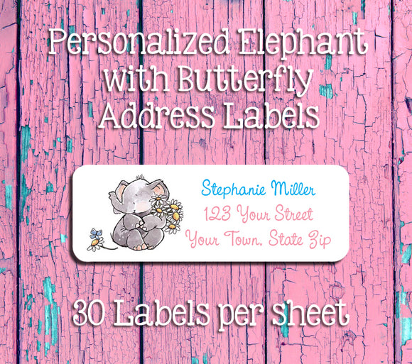 Personalized Elephant with Daisies and Butterfly Return ADDRESS Labels - J & S Graphics