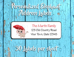 Personalized ELEPHANT with UMBRELLA in the Rain Design Return ADDRESS Labels - J & S Graphics