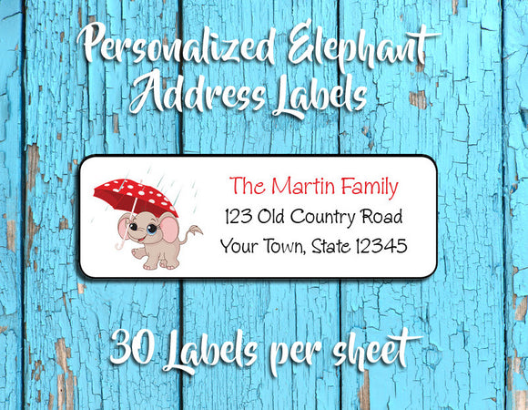 Personalized ELEPHANT with UMBRELLA in the Rain Design Return ADDRESS Labels - J & S Graphics