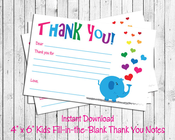 Children's THANK YOU Note CARDS, Digital Printable, ELEPHANT with HEARTS - J & S Graphics